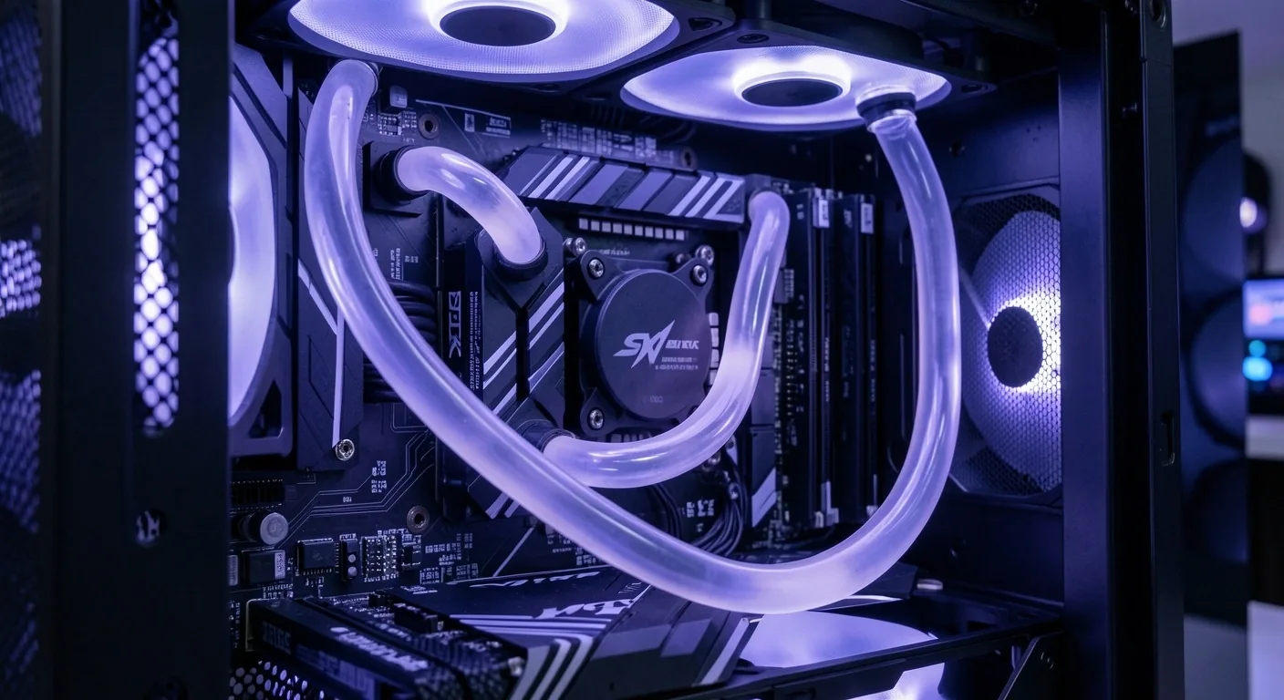 Interior de torre de computadora con refrigeración líquida iluminada en índigo